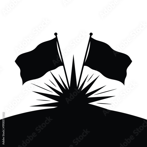Black silhouette of two flags atop a hill with an explosion
