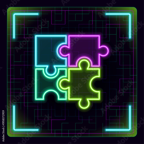 Four pieces of jigsaw puzzle. Teamwork , challenge, inovation concepts. Cyber neon futuristic icon.