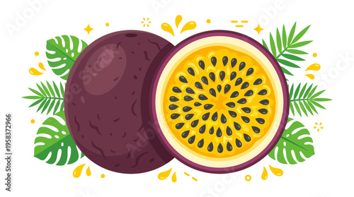 Vibrant Passion Fruit Halved and Whole Tropical Fruit Illustration.