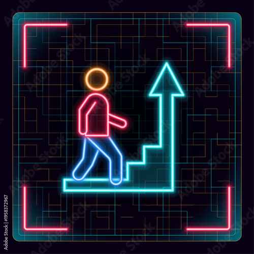 Career ladder, business success icon. Glowing icon with border grid vector.