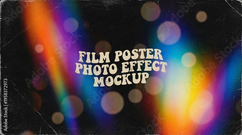 This graphic design template offers a captivating film poster photo effect mockup, featuring vibrant psychedelic light streaks and distressed vintage texture for creative projects.