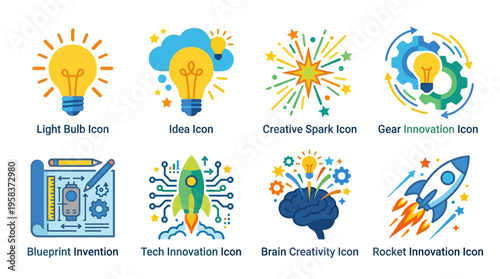 Innovative vector icons of light bulb, gears, and rocket symbolizing creativity and technology in a modern workspace with blueprints.