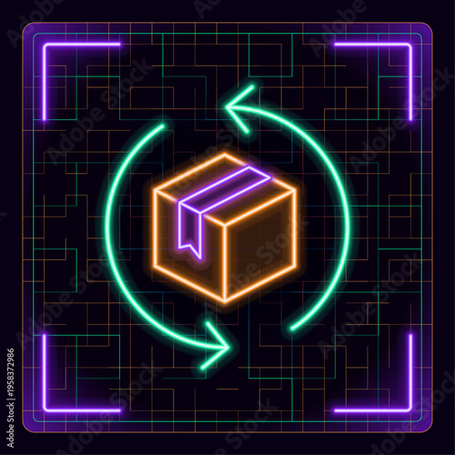 Delivery box, package return. Futuristic tech editable glowing illustration. Cargo shipping business concept.