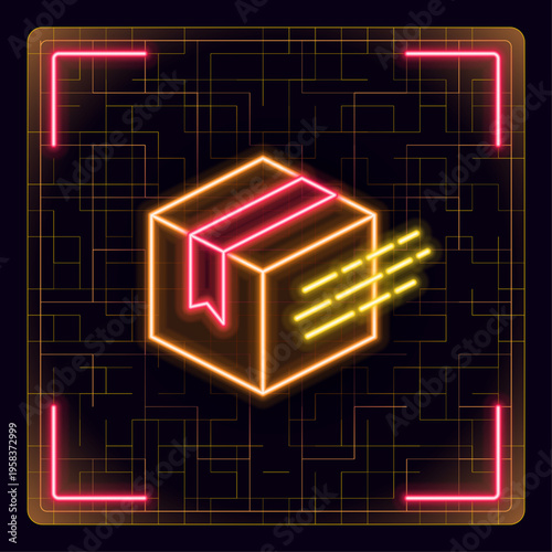 Package box, fast delivery shipping symbol. Logistic, parcel, cardboard box pictogram. Neon glow editable icon design.