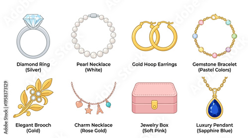 A vector illustration of various jewelry items including a diamond ring, pearl necklace, gold hoop earrings, and more on a decorative background.