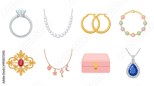 Vector illustration of various jewelry items on display, featuring a ring, necklace, earrings, and bracelet.