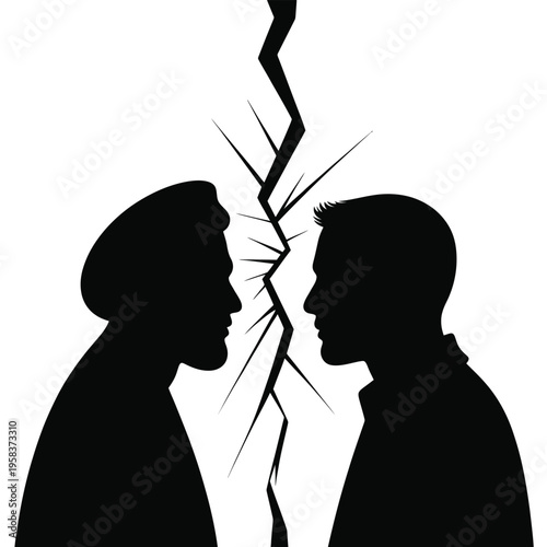 Silhouette of two people facing each other with a lightning bolt between