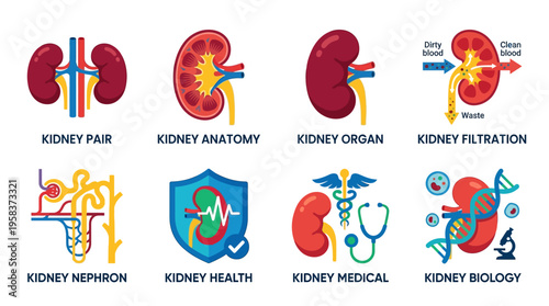 Vector illustrations of human kidney anatomy and health concepts including organ, filtration, nephron, and medical aspects.