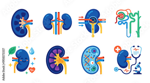A vibrant vector illustration of various kidneys with colorful details and medical symbols surrounding them in a lively and educational style.