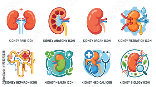 Vector illustrations of kidneys showcase anatomy, health, and biology in a medical context, highlighting organ function and filtration process in a human body with icons.
