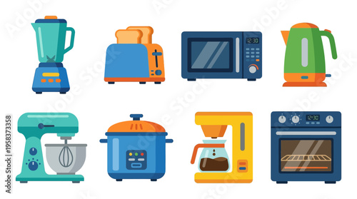 A vector illustration of various colorful kitchen appliances arranged in two rows on a white background including blender toaster microwave kettle mixer slow cooker coffee maker and oven.