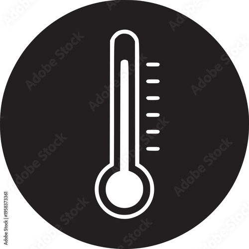 A black circle containing a white thermometer with white markings on a white background image art