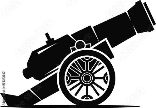 Black silhouette vector illustration of a vintage cannon with large wooden wheels, historical warfare weapon