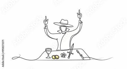Mysterious figure with hands raised, tarot cards, wine, ring, and dagger on table