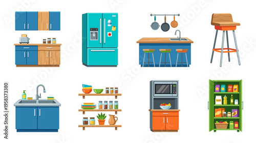 Various kitchen items, including vector icons of appliances and furniture, are arranged neatly on a clean background for organization.