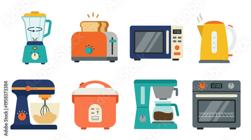 Colorful vector illustration of kitchen appliances on a white background including toaster and blender