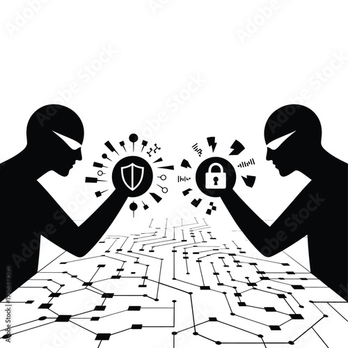 Two figures facing each other over a complex network with security symbols
