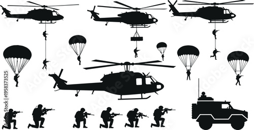 Set of 18 military silhouettes vector with helicopters, paratroopers, soldiers, and armored vehicle