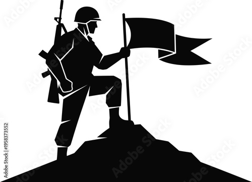 Military soldier silhouette holding flag on mountain peak, heroic army infantryman vector, patriotic war hero warrior icon, black and white combat veteran