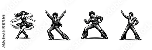 Retro 1970s disco dancers silhouette illustration, vintage style groove, black and white vector art