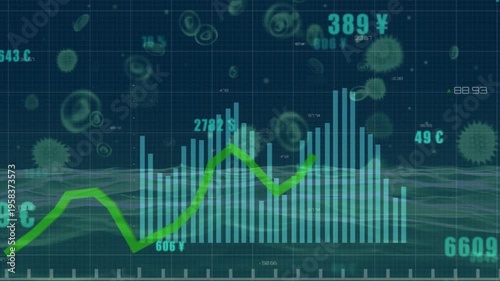 Animation of graphs with multiple counts with symbols of currencies, infected cells and sea