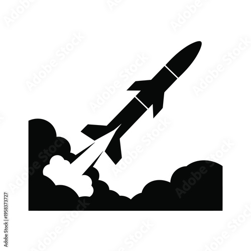 A black silhouette of a missile launching with smoke trails