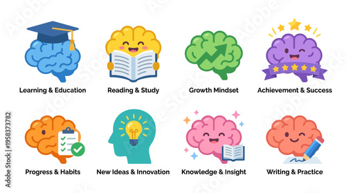 A vector illustration of a collection of brain icons representing learning, education, growth mindset, and achievement in a colorful and organized style.