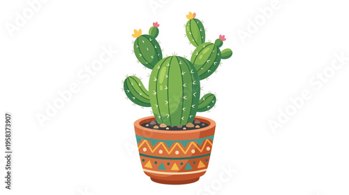 Vibrant Potted Cactus with Yellow Flowers in Decorative Pot.