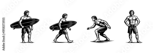 Black and white vector illustrations of male surfer with surfboard and bodybuilder poses