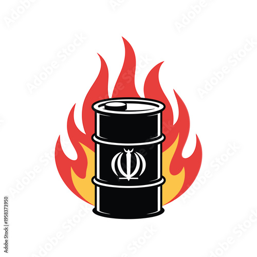 Burning oil drum with an iranian symbol engulfed in red flames