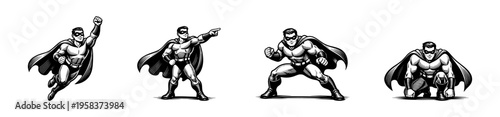 Set of superhero character illustrations in dynamic black and white comic style