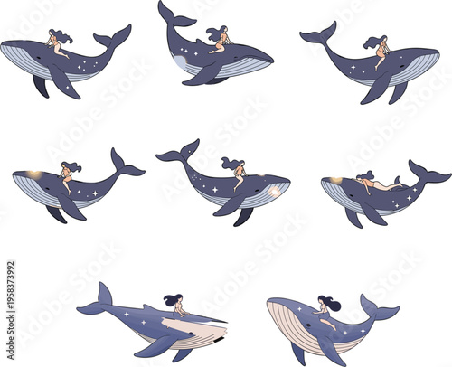Dreamy vector illustration set of a woman riding a humpback whale through a starry night sky with celestial cosmic elements