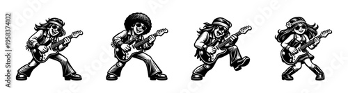 Retro guitarists silhouette vector, black and white musician illustration, guitar characters