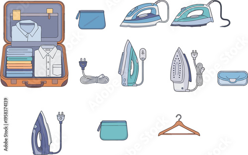 Vector illustration set of travel irons and packed suitcase with folded shirts for laundry care during business trips or vacation