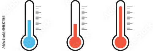 Thermometer icon set, weather icons and temperature symbol collection with cold and hot icon signs, thermometer showing temperature scale, warm weather sign, isolated vector