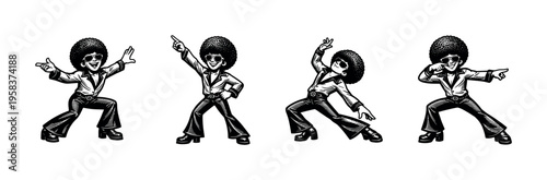 Funky disco dancer illustration, black and white vector, retro 1970s style silhouette