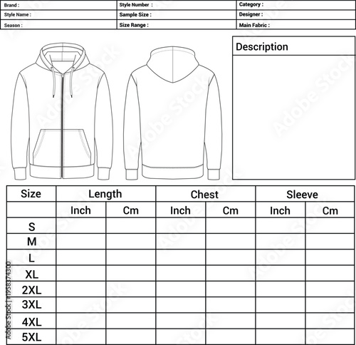 Hoodie Technical Flat Sketch Template, Garment Tech Pack Design, Front and Back View Hoodie Specification Sheet
