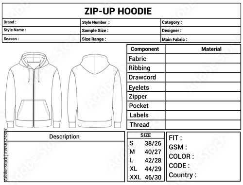 Hoodie Technical Flat Sketch Template, Garment Tech Pack Design, Front and Back View Hoodie Specification Sheet