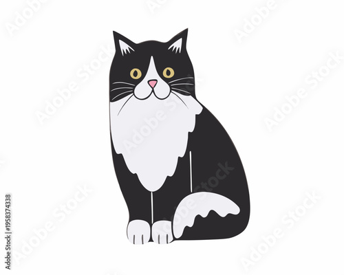 A charming illustration of a black and white tuxedo cat sitting calmly