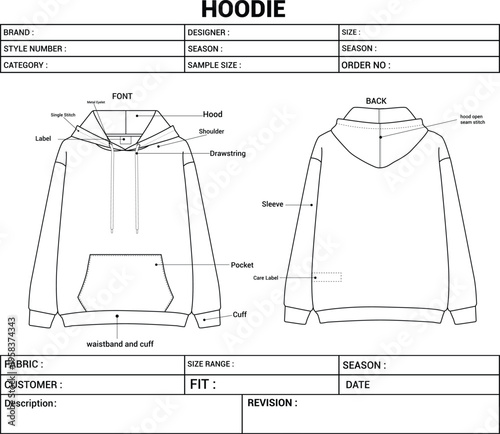 Hoodie Technical Flat Sketch Template, Garment Tech Pack Design, Front and Back View Hoodie Specification Sheet