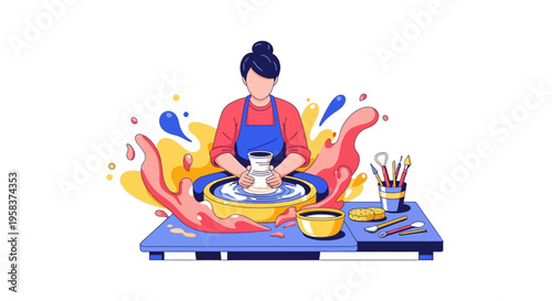 Woman artist skillfully shaping clay on pottery wheel.