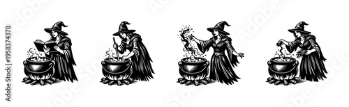 Black and white witch making potion illustration, witchcraft theme, vector clipart