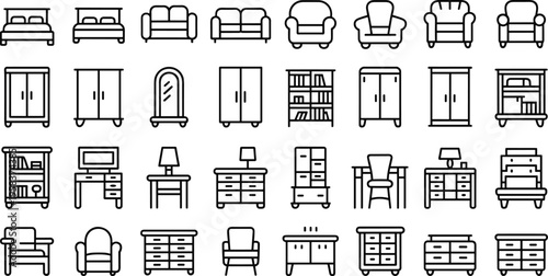Outline furniture icon set with sofas chairs cabinets and wardrobes for modern home interior vector design illustration collection