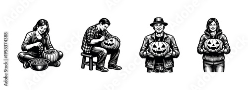 Black and white vector illustrations of people carving halloween pumpkins