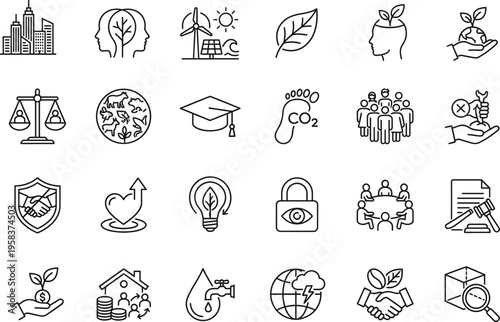 Sustainability and social responsibility outline icon set with environment, education, governance, community, renewable energy and ethical business symbols