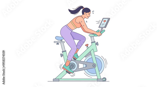 Woman exercising on a stationary bike with a tablet.