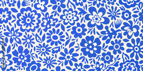 Intricate blue and white floral pattern fills the entire frame