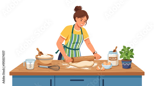 Woman baking dough with rolling pin in kitchen.
