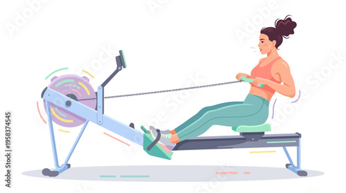 Woman Exercising on Rowing Machine for Fitness.