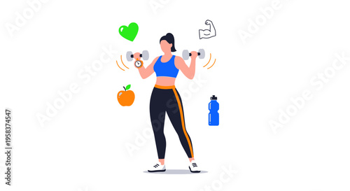 Woman exercising with dumbbells and healthy lifestyle icons.
